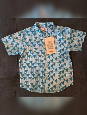 fabindia Teal and Cream Geometric Short Sleeve Button-Up Shirt (Size 3-4T)